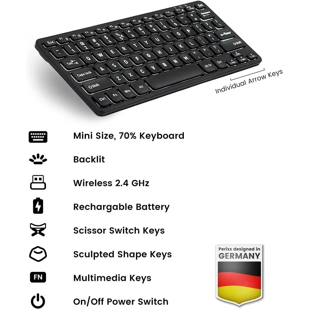 PERIBOARD-732B Wireless Backlit Mini Keyboard - X Type Scissor Keys Black